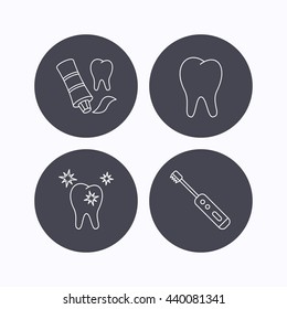 Healthy teeth, tooth and toothpaste icons. Electric toothbrush linear sign. Flat icons in circle buttons on white background. Vector