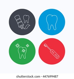 Healthy teeth, tooth and toothpaste icons. Electric toothbrush linear sign. Linear icons on colored buttons. Flat web symbols. Vector