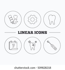 Healthy teeth, tooth and toothpaste icons. Electric toothbrush linear sign. Flat cogwheel and calendar symbols. Linear icons in circle buttons. Vector