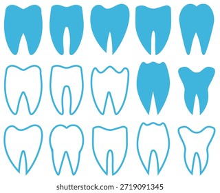 Healthy Teeth Vector Blue Color White Background Outline and Solid Icons Symbol set