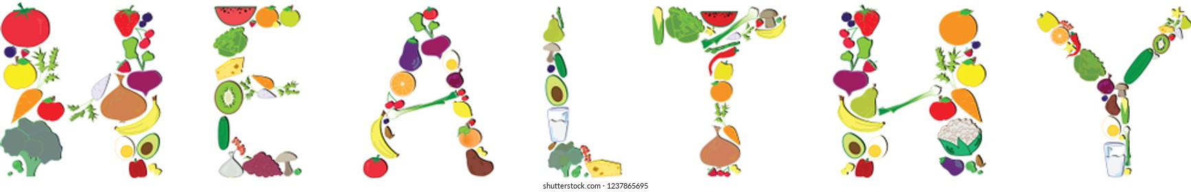 Healthy text with vegetables and fruits. Vector graphic.
