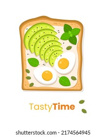 Healthy toast with avocado and an egg on white background. Cute vector illustration.