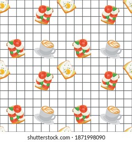 Healthy toast with avocado, egg and tomatoes next to cup of cappuccino on checkered background, healthy breakfast seamless vector pattern.