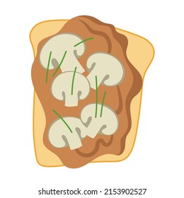 Healthy toast with with cheese cream, mushrooms and herbs, cartoon illustration. Slices Food, sandwich, breakfast isolated on white background