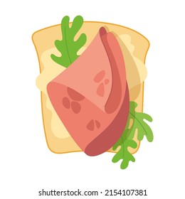 Healthy toast with ham, soft cheese and herbs, cartoon illustration. Slices Food, sandwich, breakfast isolated on white background