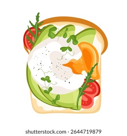 Healthy toast with poached egg and avocado slices, tomatoes, arugula and cream cheese Nutritious vegan breakfast or snack. Vector illustration for card, banner, poster, print or food design element