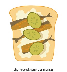 Healthy toast with smoked fish, butter and cucumber, cartoon illustration. Slices Food, sandwich, breakfast isolated on white background