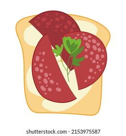 Healthy toast with smoked sausage, cheese and green leaves, cartoon illustration. Slices Food, sandwich, breakfast isolated on white background