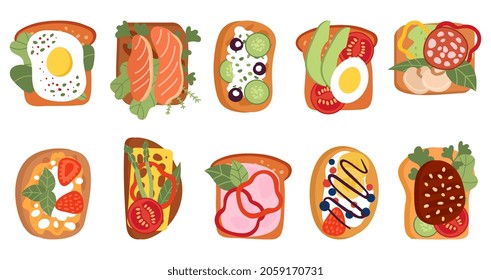 Healthy toasts. Bread toast lunch, snack meal with berry, avocado, sausage and tomatoes. Tasty breakfast sandwiches top view, decent vector kit