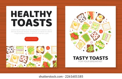 Healthy toasts mobile app templates set. Breakfast menu tasty recipes web banner, card, flyer, invitation cartoon vector