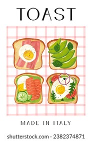 Healthy toasts set hand painted poster illustration. Isolated slices of toasted cereal bread with eggs, salmon, avocado, bacon and vegetables- clipart for menu, banners, package design