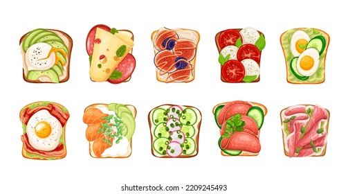 Healthy toasts set vector illustration. Cartoon isolated slices of toasted cereal bread with cheese and eggs, top view of sandwiches with ham and prosciutto, salmon and vegetables for breakfast svg