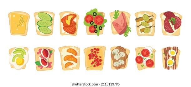 Healthy toasts with vegetables and fish cartoon illustration set. Slices of bread with salmon, tomato, eggs, mushrooms, avocado isolated on white background. Food, sandwich, breakfast concept