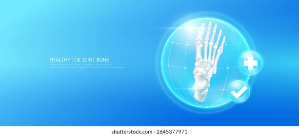 Osso saudável do dedo do pé dentro da cúpula de bolha transparente com marca de verificação e sinal de mais no fundo azul. Anatomia forte da articulação da cartilagem do pé. Conceito de assistência médica. Vetor 3D EPS10.
