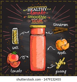 Healthy tomato smoothie recipe on a chalkboard, veggie cocktail menu with tomato, apple, ginseng and cinnamon, vegetables set sketch hand drawn graphic illustration