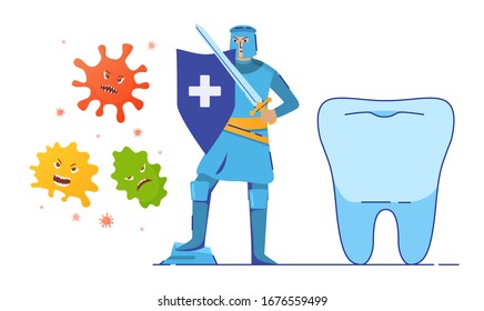 Healthy tooth anti-caries protection with knight holding a sword and shield. Dental care. Oral health ads. Attacking bacteria. Concept medical character isolated on a white background.