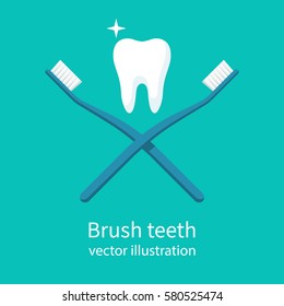 Healthy tooth between two cross toothbrushes. Brush teeth. Dentistry symbol. Vector illustration flat design. Isolated on white background. Sign of good oral hygiene.