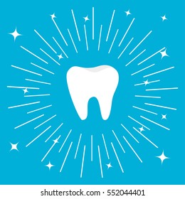 Healthy tooth big icon. Round line circle. Oral dental hygiene. Children teeth care. Shining effect stars. Blue background. Flat design. Vector