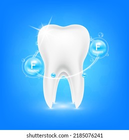 Healthy tooth and bubbles fluorine radius ring surrounds. Teeth gums healthy sparkling white. Medical dentistry concept. 3D Realistic Vector.