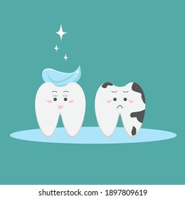 Healthy tooth and tooth with cavity.  Dental health concept. Cartoon vector illustration. Oral care equipment. Dental Infographic elements