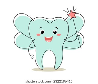 Healthy tooth character kawaii, tooth fairy with magic stick, cute cartoon character. Dental care. Illustration, icon, vector