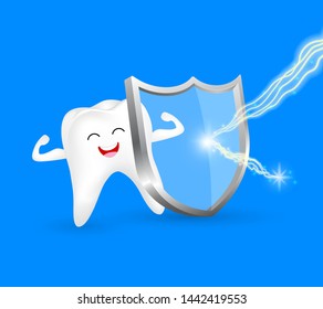 Healthy tooth character with shield. Anti-caries protection, dental care concept. Illustration on blue background