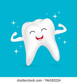 Healthy tooth character showing muscle with smiley face. Dental care concept. Illustration isolated on blue background.