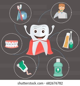 Healthy tooth color flat icon set for web abd mobile design. Dental hygiene products icons