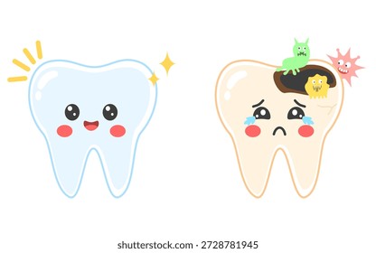 Healthy tooth and decayed tooth comparison with bacteria. Cute cartoon characters showing dental care, tooth decay, cavity, and oral hygiene concept. Dental health education. Flat cartoon vector illustration