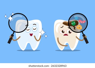 Healthy tooth and decayed tooth hold magnifying glass and seen microorganisms . Cartoon character . Isolated on blue background . Vector .