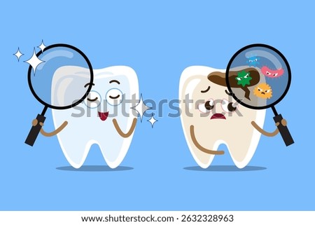 Healthy tooth and decayed tooth hold magnifying glass and seen microorganisms . Cartoon character . Isolated on blue background . Vector .