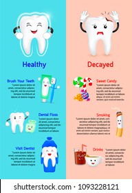 Healthy Tooth with Decayed tooth info-graphics. Comparison between how to get good dental health and decayed teeth. Dental care concept, Illustration.