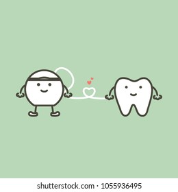 healthy tooth and floss with heart preparing for cleaning teeth - dental cartoon vector flat style cute character for design