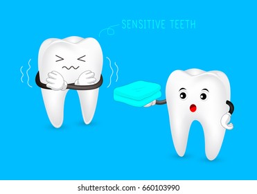 Healthy tooth give blanket to sensitive tooth. Dental care concept, illustration isolated on blue background.