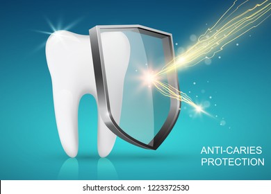 Healthy Tooth And Glass Shield With Lightning, Anti-caries Protection Concept