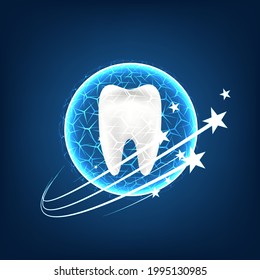 Diente sano con efecto brillante sobre el fondo azul, concepto de blanqueamiento de dientes, vector de ilustración.