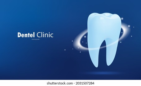 Healthy tooth with glowing effect on blue background, teeth whitening concept, illustration vector.