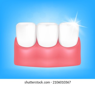 Healthy tooth and gum. Whitening teeth character. Enamel cleanliness oral care teeth. Tooth isolated on a blue background. Realistic 3D vector illustration. Dental care health concept.