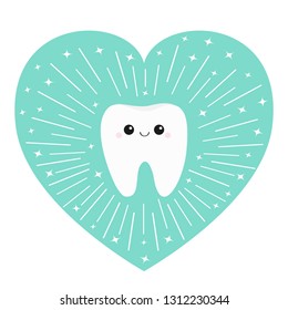 Healthy tooth heart icon. Smiling face. Round line circle. Oral dental hygiene. Children teeth care. Cute love character. Shining effect stars. Blue background. Isolated. Flat design. Vector