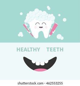 Healthy tooth holding paste and brush. Bubbles foam. Smiling mouth. Banner set. Cute cartoon character. Children teeth care icon. Oral dental hygiene Baby background Flat design Vector