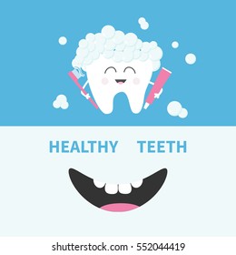 Healthy Tooth Holding Paste And Brush. Bubbles Foam. Smiling Mouth. Banner Set. Cute Cartoon Character. Oral Dental Hygiene Children Teeth Care Icon. Baby Background Flat Design Vector Illustration