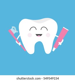 Healthy tooth holding toothpaste and toothbrush. Cute funny cartoon smiling character. Children teeth care icon. Oral dental hygiene. Baby background. Flat design. Vector illustration