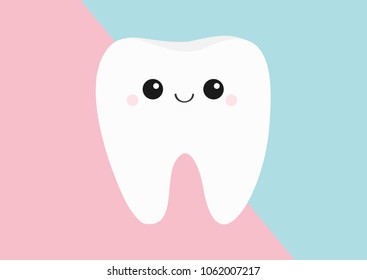 Healthy tooth icon. Cute kawaii face with eyes and smile. Flat design. Oral dental hygiene. Children teeth care. Shining effect. Healthcare. Pink blue pastel color paper background Vector illustration
