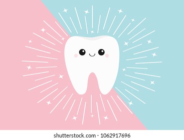 Healthy tooth icon. Cute kawaii face with eyes and smile. Round line circle. Flat design. Oral dental hygiene. Children teeth care. Shining effect stars. Pink blue pastel color background. Vector