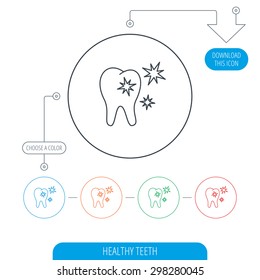 Healthy tooth icon. Dental protection sign. Line circle buttons. Download arrow symbol. Vector