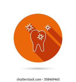 Healthy tooth icon. Dental protection sign. Round orange web button with shadow.