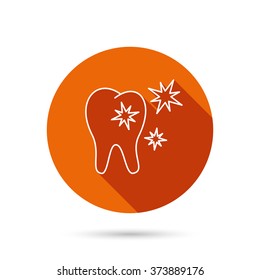 Healthy tooth icon. Dental protection sign. Round orange web button with shadow.