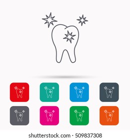Healthy tooth icon. Dental protection sign. Linear icons in squares on white background. Flat web symbols. Vector
