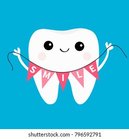 Healthy tooth icon holding bunting flag Smile. Oral dental hygiene. Children teeth care. Cute cartoon character. Smiling head face. Hands up. Whitening concept. Blue background. Flat design. Vector