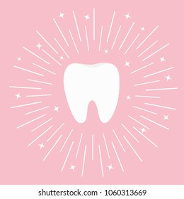 Healthy tooth icon. Round line circle. Flat design. Oral dental hygiene. Children teeth care. Shining effect stars. Pink pastel color background. Vector illustration